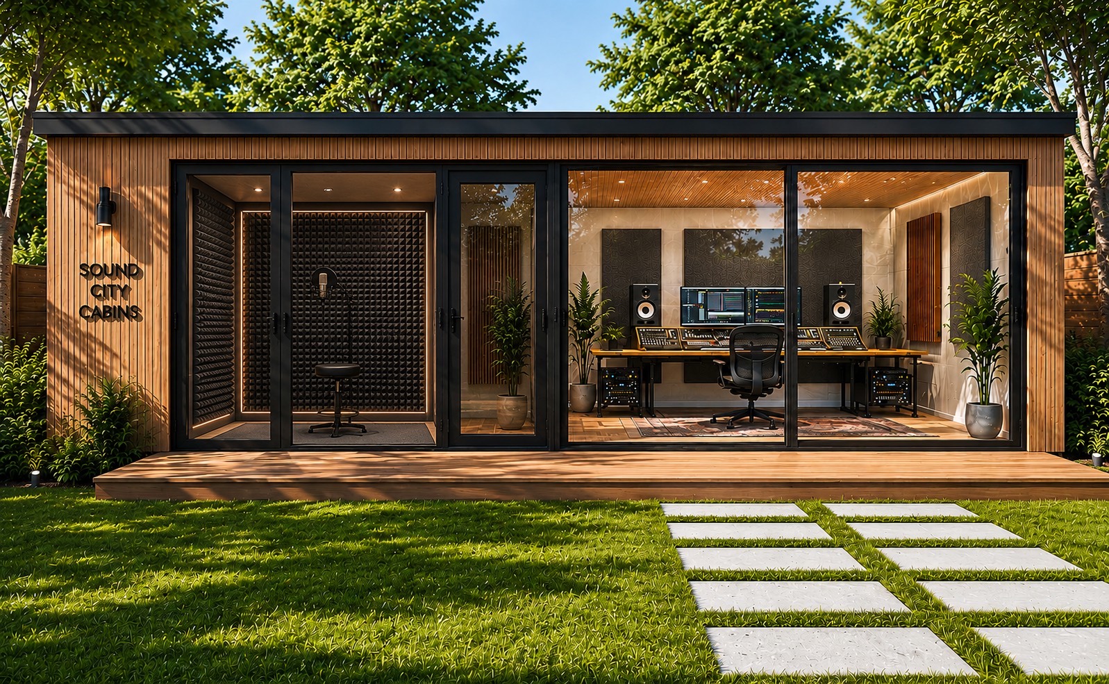 Sound City Cabins prefab muziekstudio cabin in een tuin